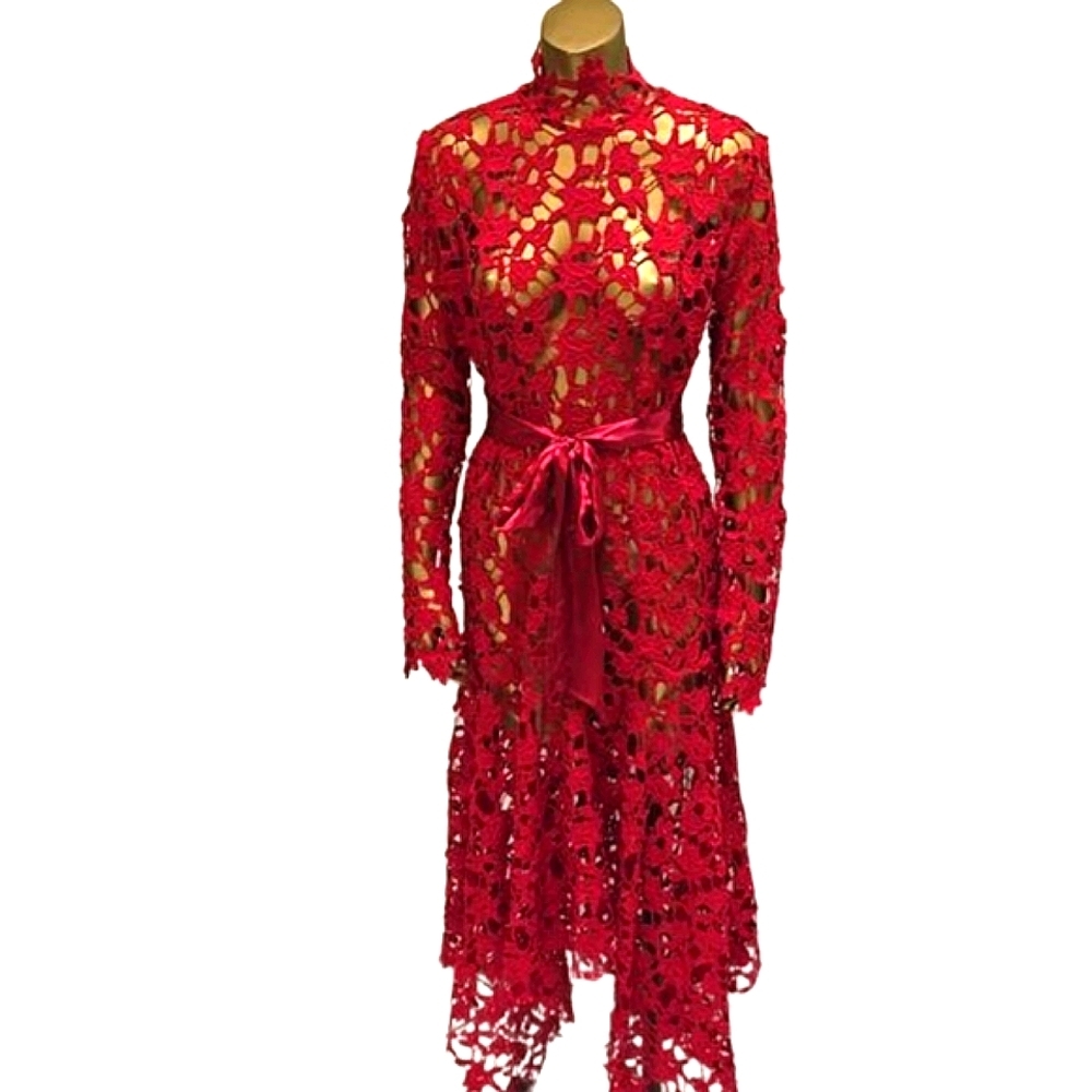 Laser Cut Red Crochet Sexy Cocktail Dress Long Sleeve Beetlejuice High Waist - Picture 4 of 11